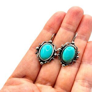Sterling Silver Turquoise Colored Dangle Drop Earrings Signed MD Filigree